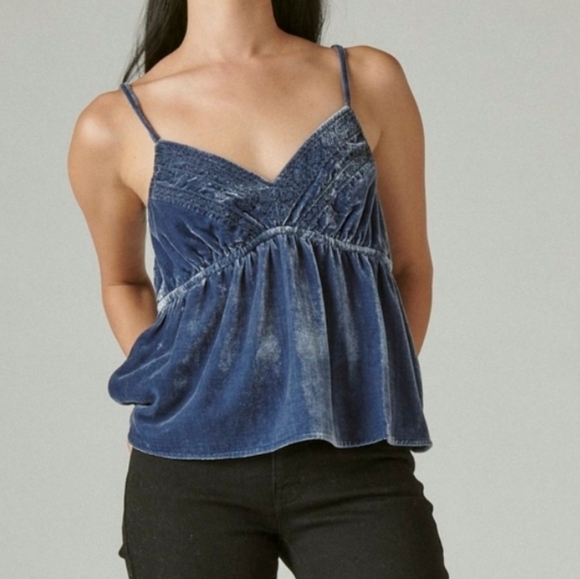Lucky Brand Baby Doll Embroidered Velvet Sleeveless Top Blue Womens Size L - Picture 1 of 13